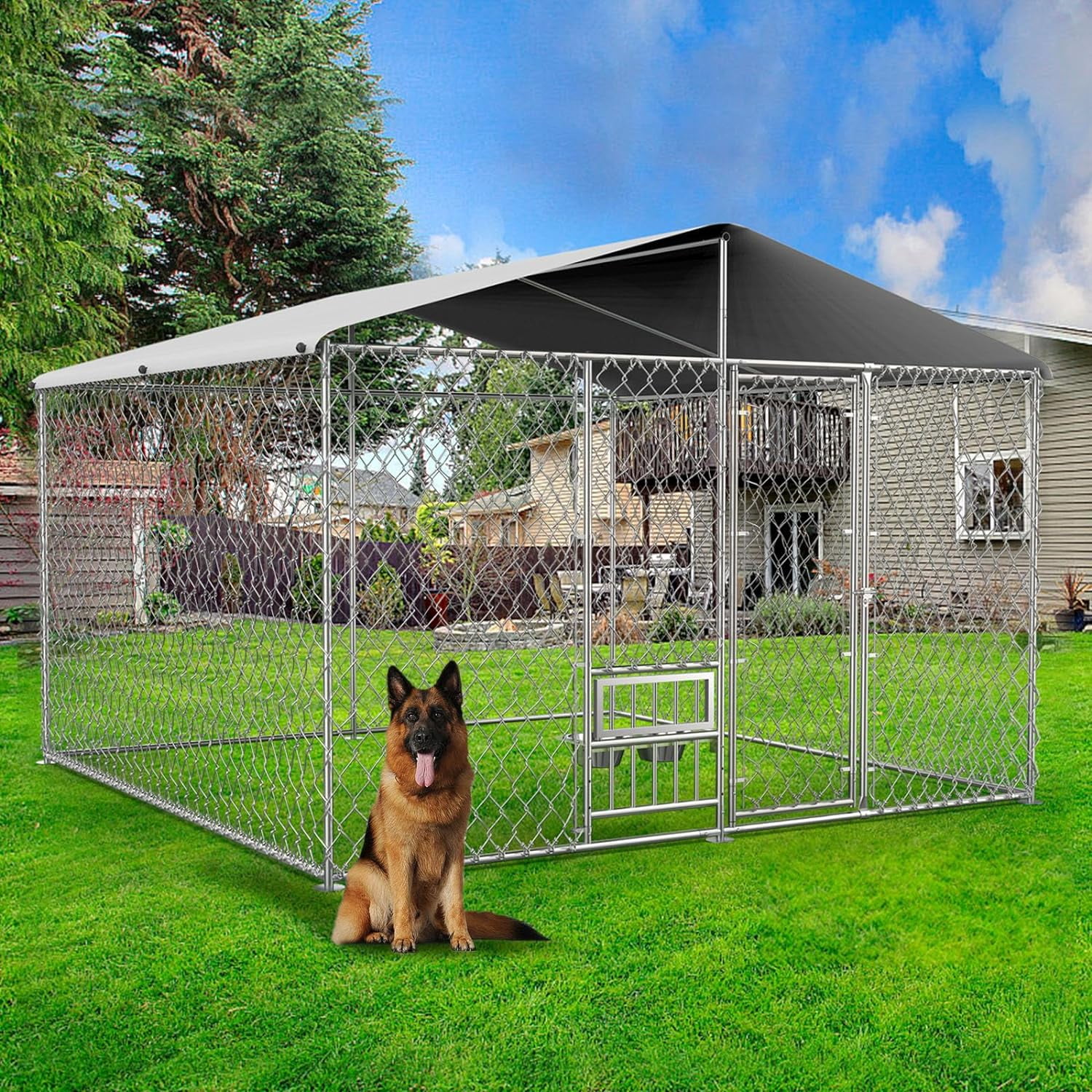 Outdoor Large Dog Kennel,  Heavy Duty Dog Cage with UV & Waterproof Cover, Galvanized Dog Playpen w/Secure Lock & Adjustable Feeding Device for Outside Backyard