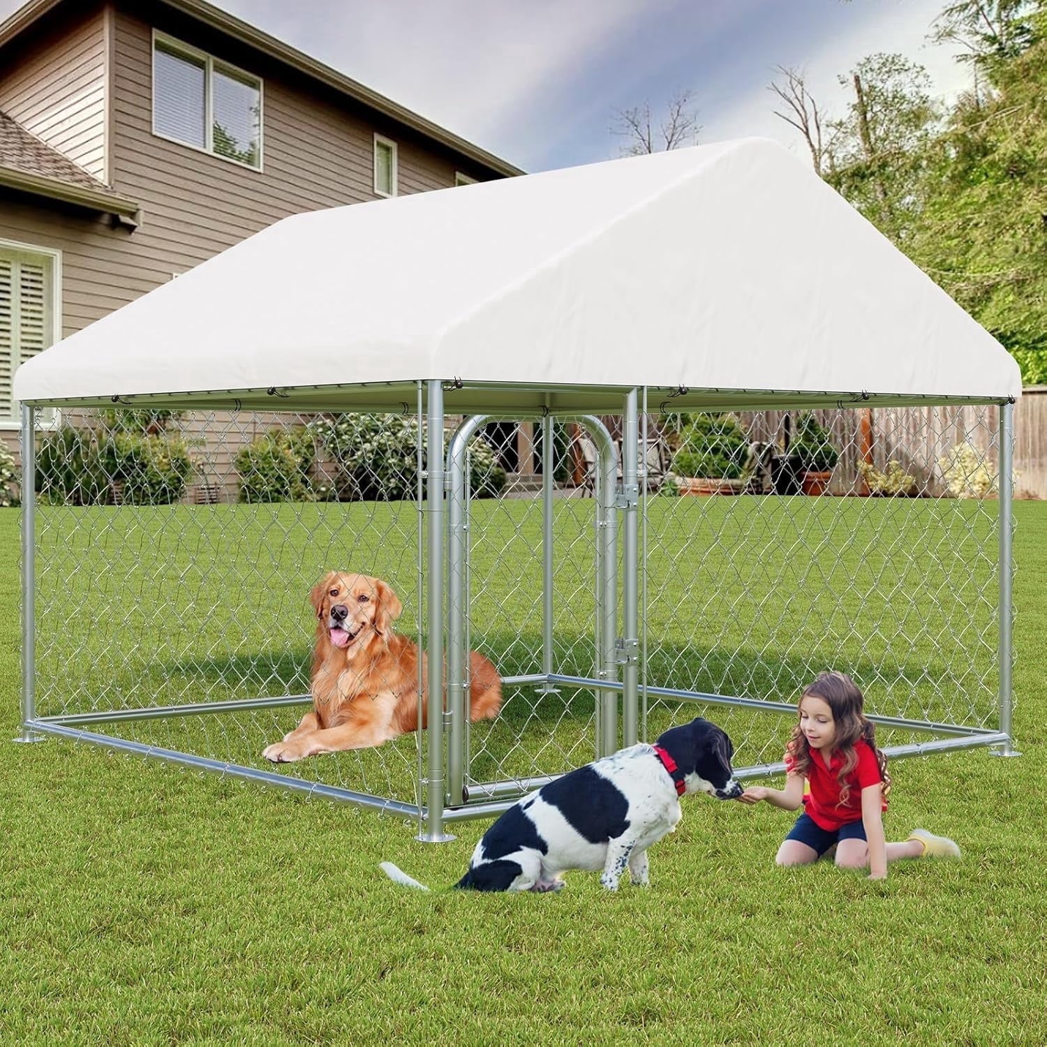 Outdoor Large Dog Kennel, Heavy Duty Dog Enclosure with UV & Rain-Proof Fully Covered Roof, Rustproof Metal Mesh, Double Security Locks, 6.6 x 6.6 FT