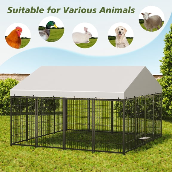 Outdoor Large Dog Kennel Metal Pet Run Enclosure Fence with Roof Cover 9 62L x 9 35W x 6 18H