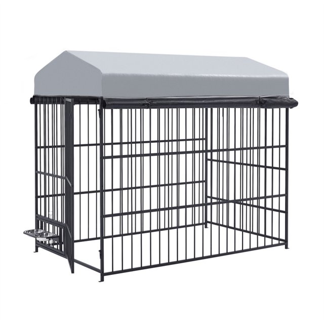 Outdoor Large Dog Kennel With 2 Bowls, Metal Dog Cage With Waterproof