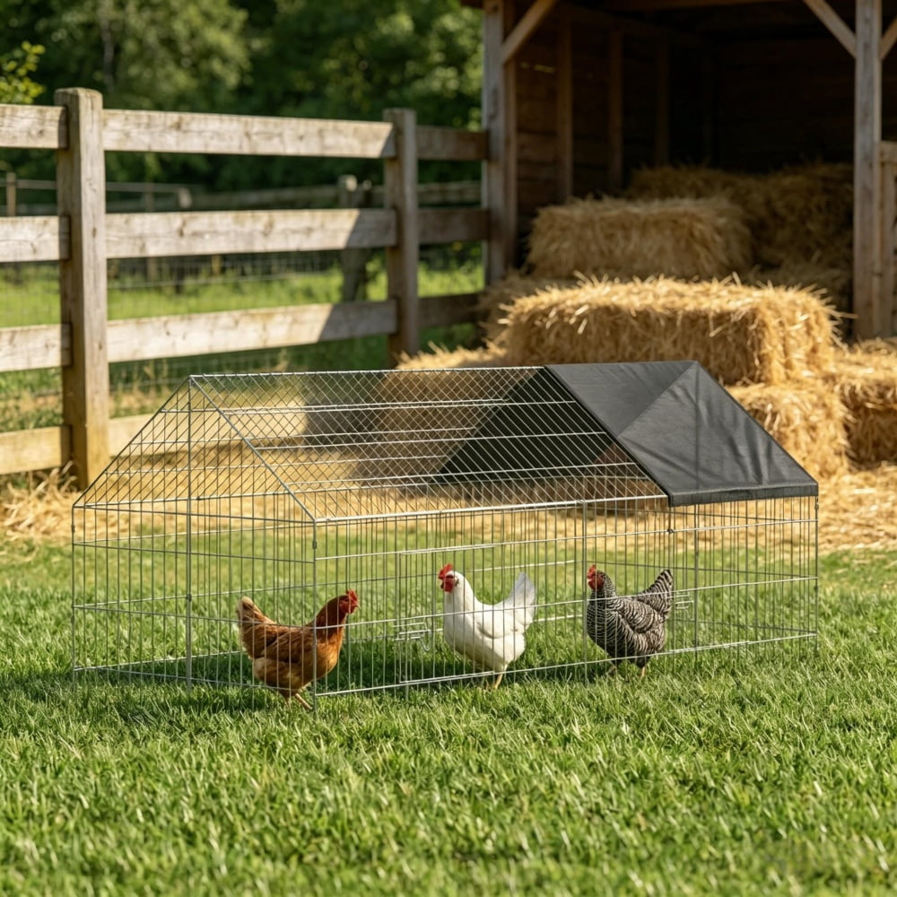 Outdoor Large Metal Chicken Coop Run, Poultry Rabbit Cage with Oxford Shade Canopy, Sturdy Powder Coated Steel Pet House for Chickens Ducks Rabbits Kittens Backyard Farm Use