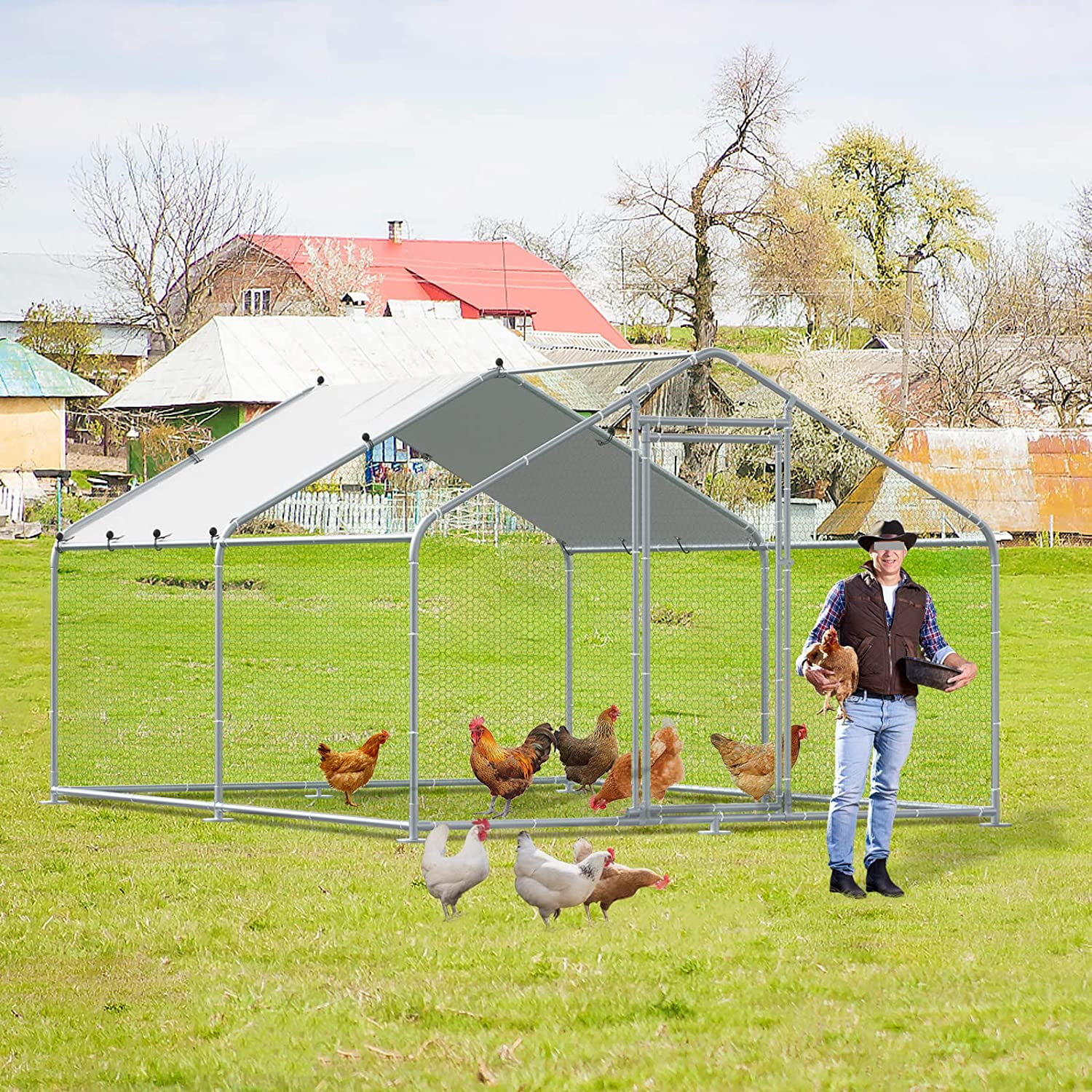 Outdoor Large Metal Chicken Coop Walk-in Poultry Cage Hen Run House Duck House Rabbits Habitat Cage Spire Shaped Coop with Waterproof and Anti-Ultraviolet Cover for Backyard Farm