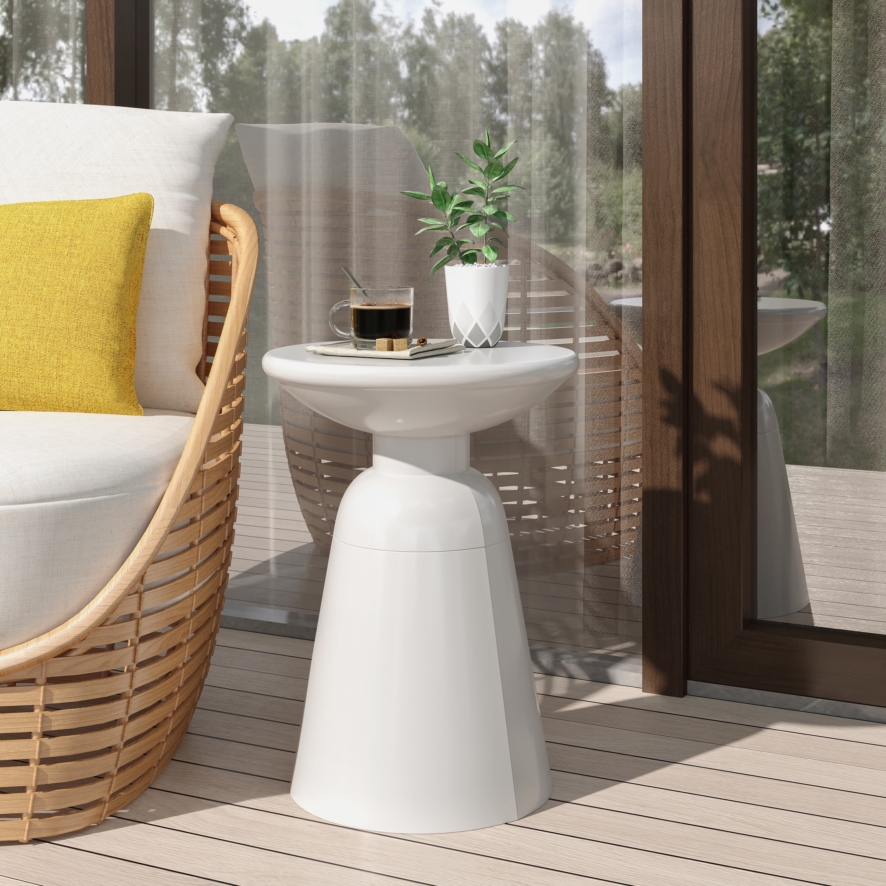 Outdoor Large Pedestal Side Table, Metal Frame Accent Table for Patio Garden, White