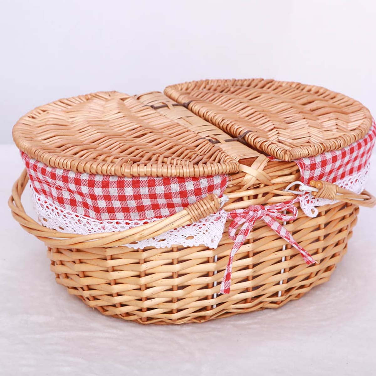 Outdoor Large Wicker Picnic Basket with Lid and Wooden Handle - Ideal for Camping Shopping and ...