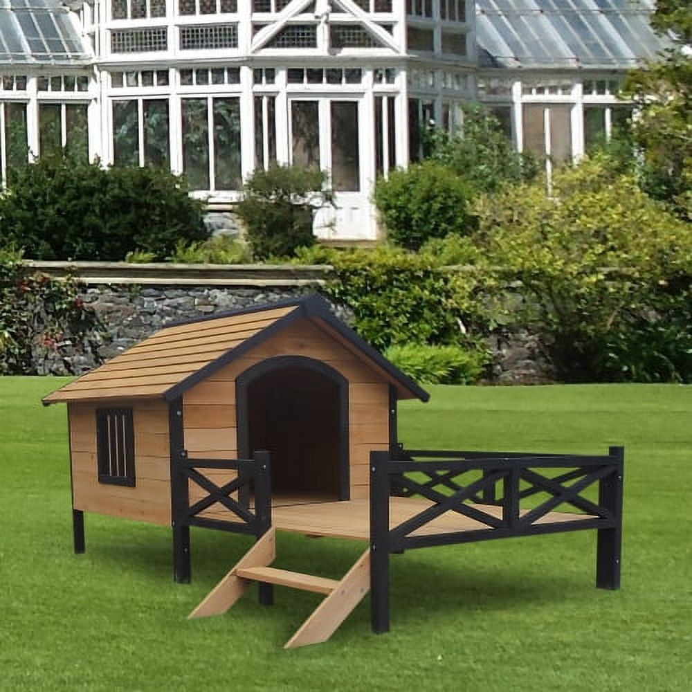 Large Yellow Brown Wooden Cabin Dog House with Porch