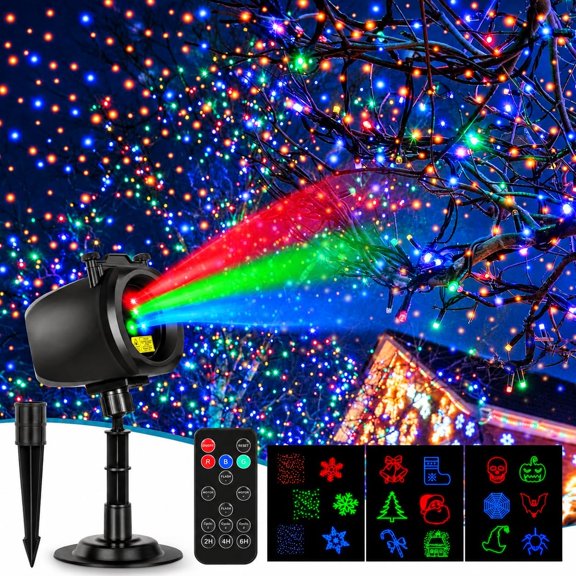 Outdoor Laser Projector Lights, RGB Firefly Light Show for Backyard Parties & Gatherings, IP65 Waterproof, 270 Adjustable, 10 Color Modes + 3 Changeable Holiday Cards(Halloween/Snowflake/Christmas)