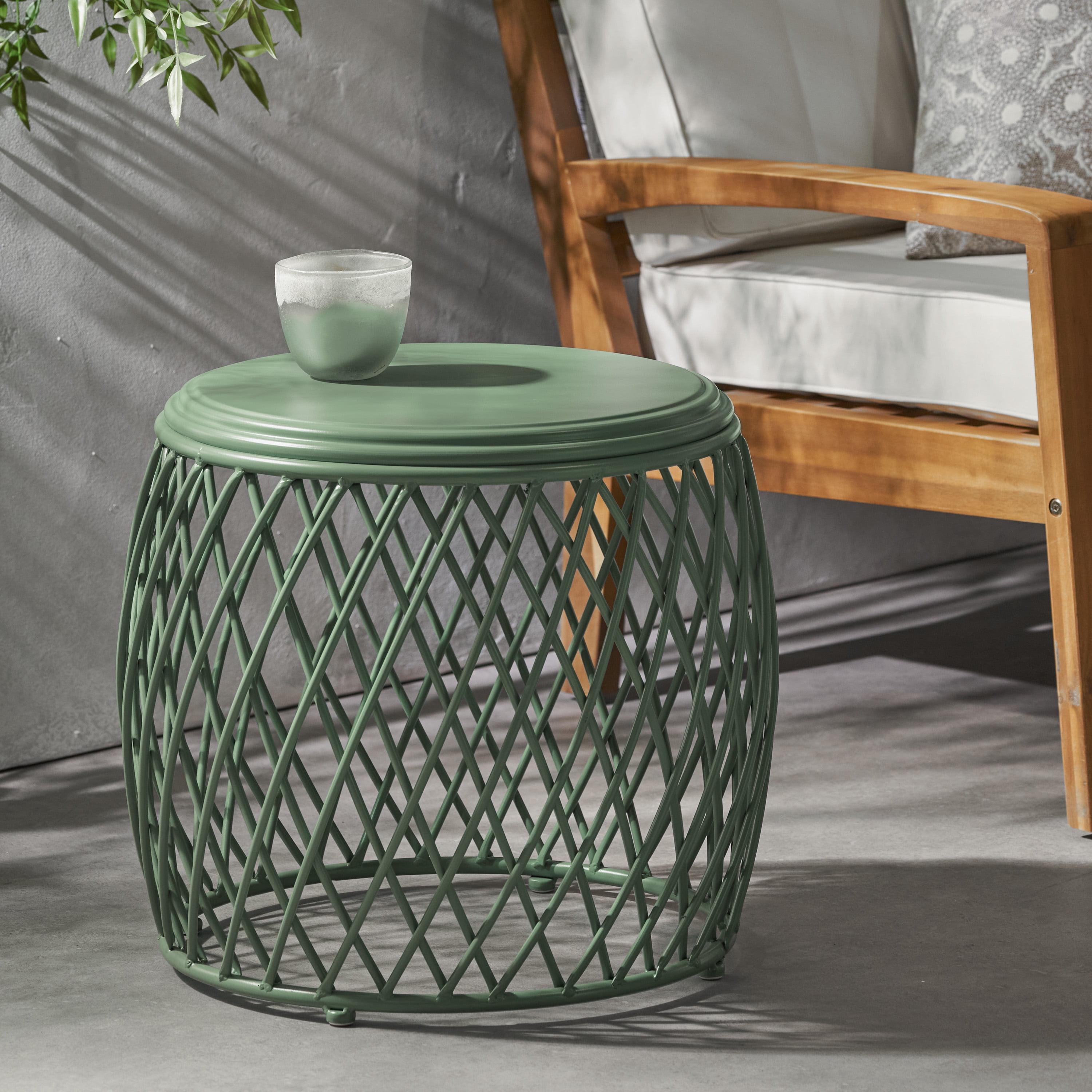 Outdoor Lattice Pattern Iron Side Table 19.75 Inch, Retro Decor Table for Patio Garden, Green