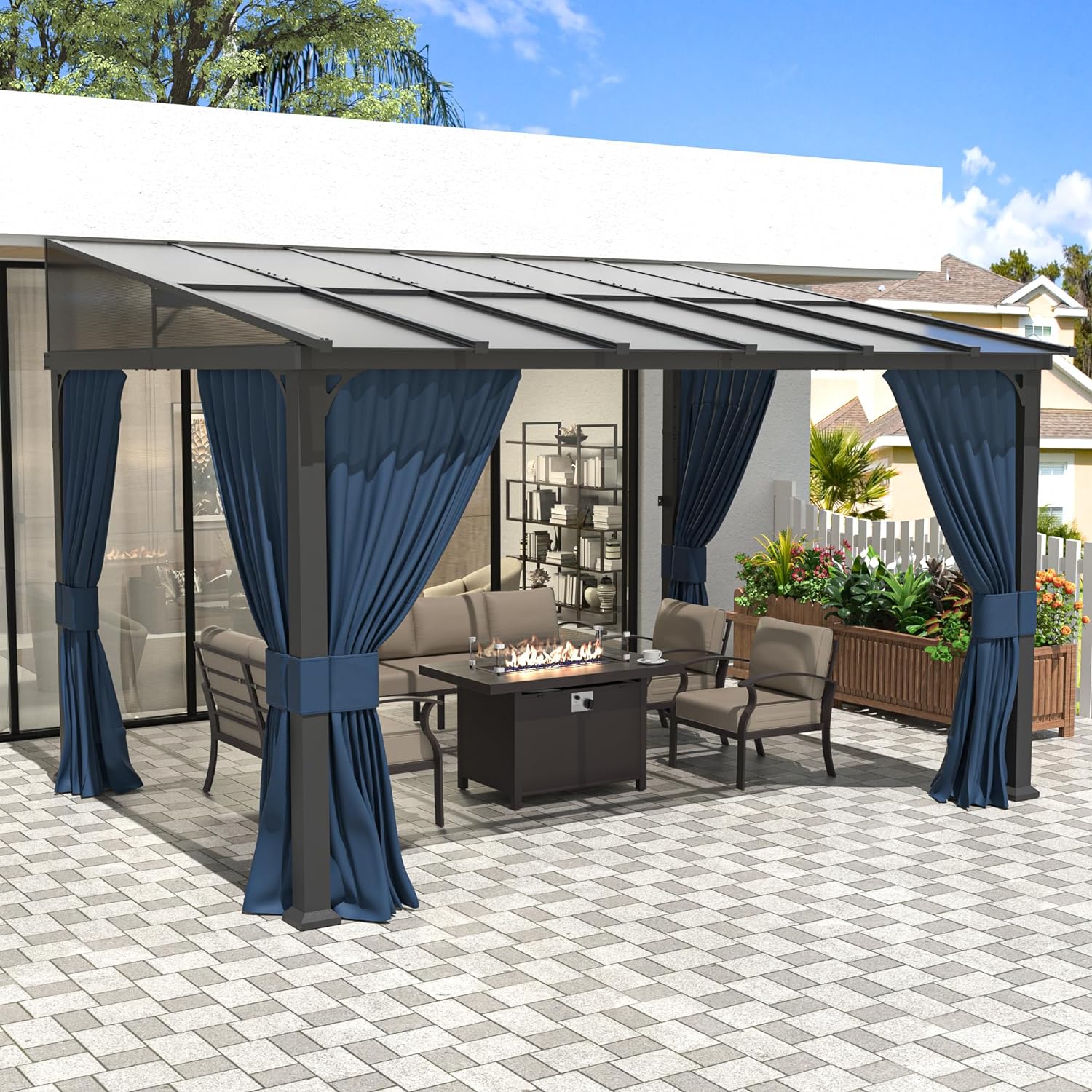 Devoko 10'x10' Lean-To Gazebo - Wall-Mounted Hardtop Pergola For Patio, Deck, Or Backyard, UV-Resistant Polycarbonate