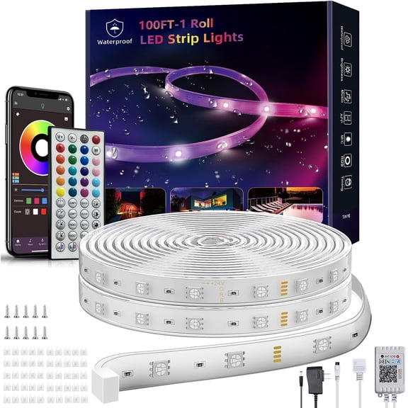 Outdoor Led Strip Lights  100ft (1 Roll), Ip65 Outside Led Light Strip  with Remote and App Control, Exterior Led Rope Lights  Syne RGB Strip Lights for Bedroom Decor