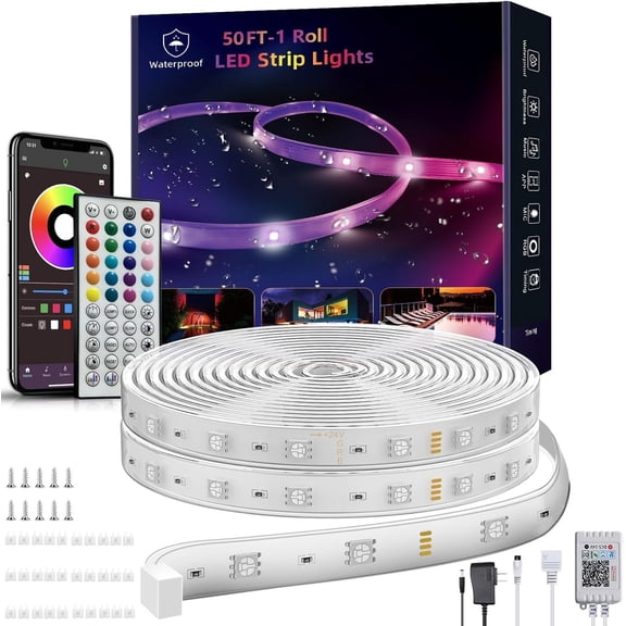 Outdoor Led Strip Lights 50ft (1 Roll), Ip65 Outside Led Light Strip with Remote and App Control, Exterior Led Rope Lights Syne RGB Strip Lights for Bedroom Decor
