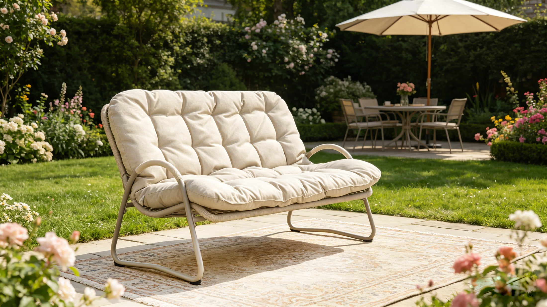 Outdoor Leisure Chair, Metal Frame Double Seat Chair for Garden Backyard Patio, Off White