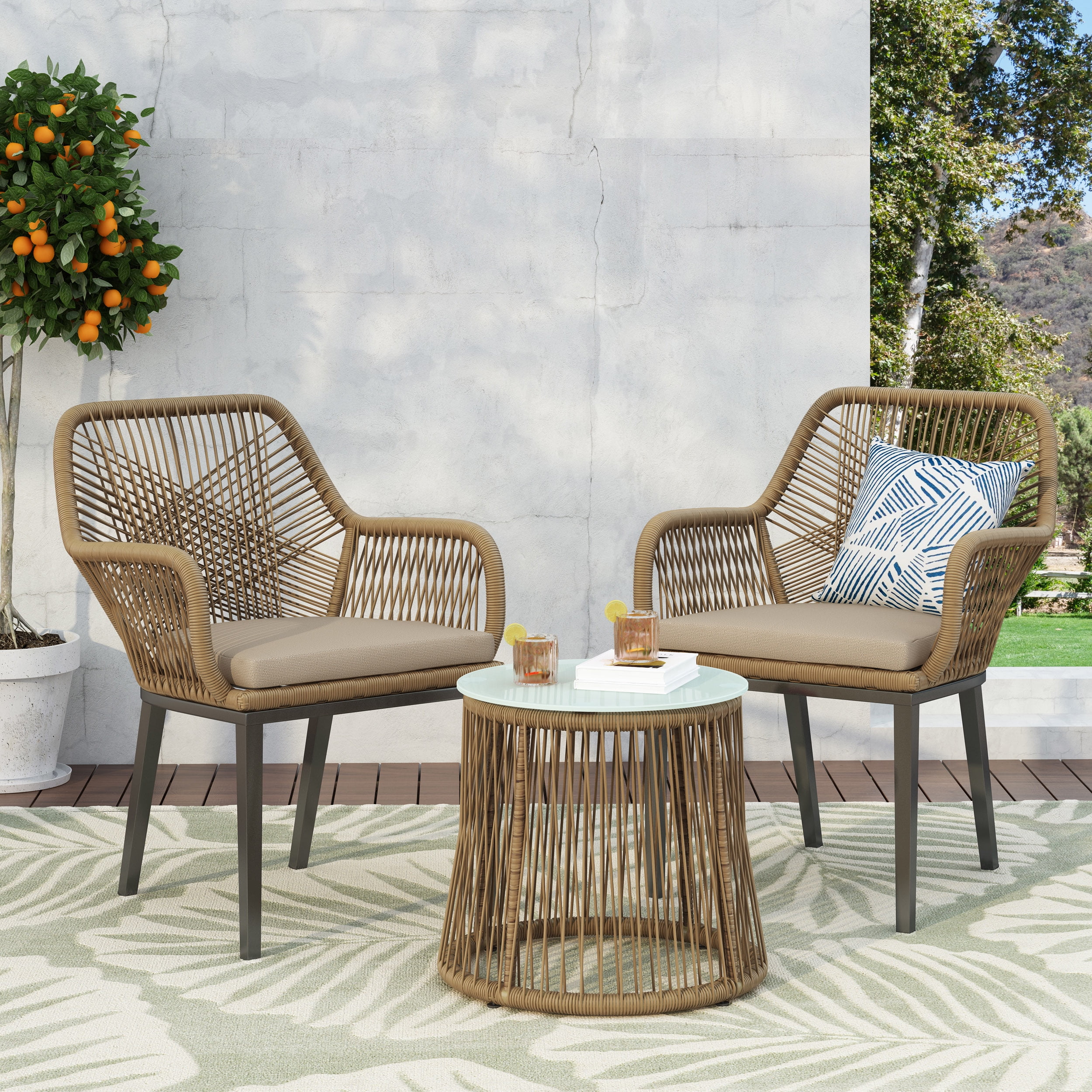 Outdoor Leisure Combination Seat Set, Wicker Structure Conversation Furniture for Patio Garden, Light Brown