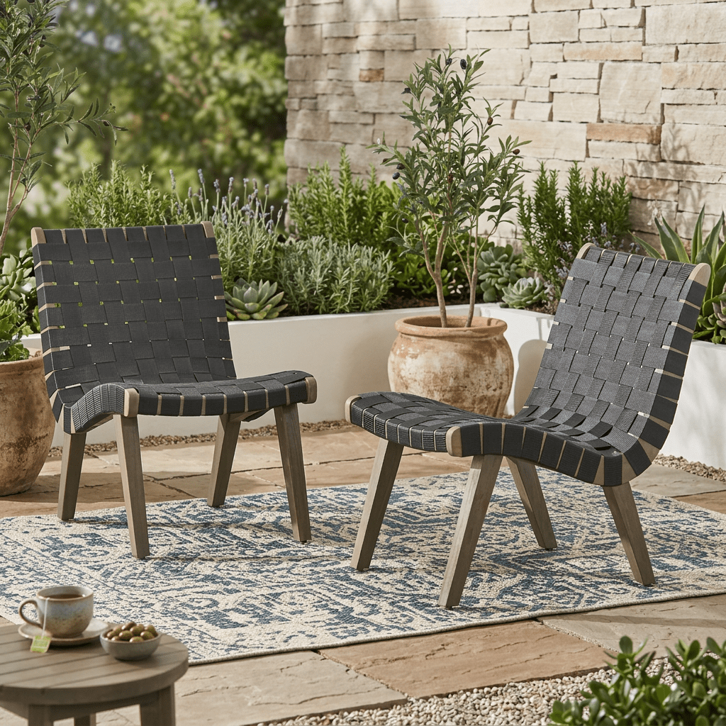 Outdoor Leisure Lounge Single Chair, Acacia Wood and Rope Combined Design for Patio Garden, Black