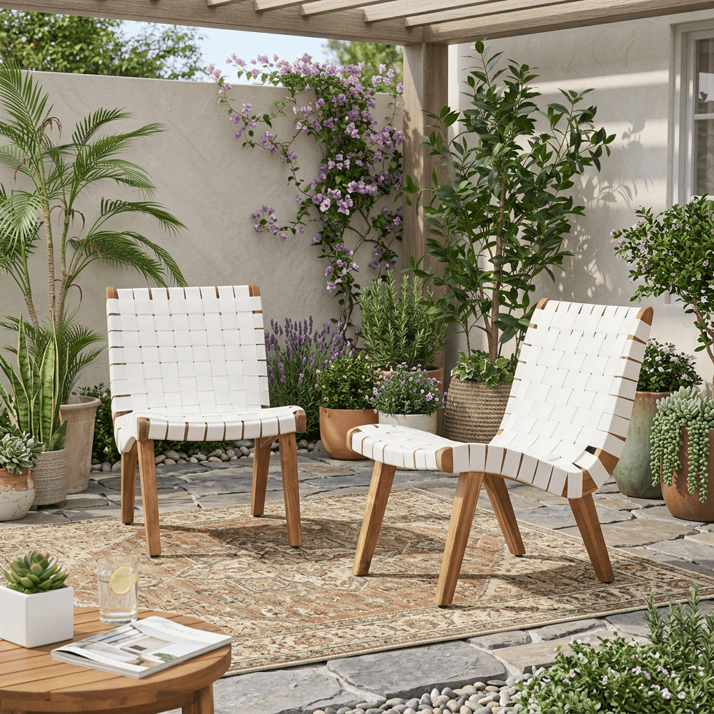 Outdoor Leisure Lounge Single Chair, Acacia Wood and Rope Combined Design for Patio Garden, White
