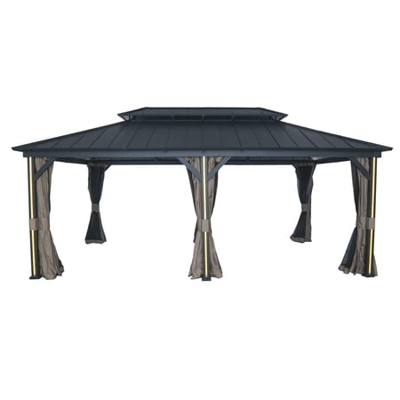 Outdoor Leisure Products Model 10600042 Hard Top Metal Gazebo Measuring 12 Feet by 20 Feet with Curtains and Mosquito Netting and LED Lighting