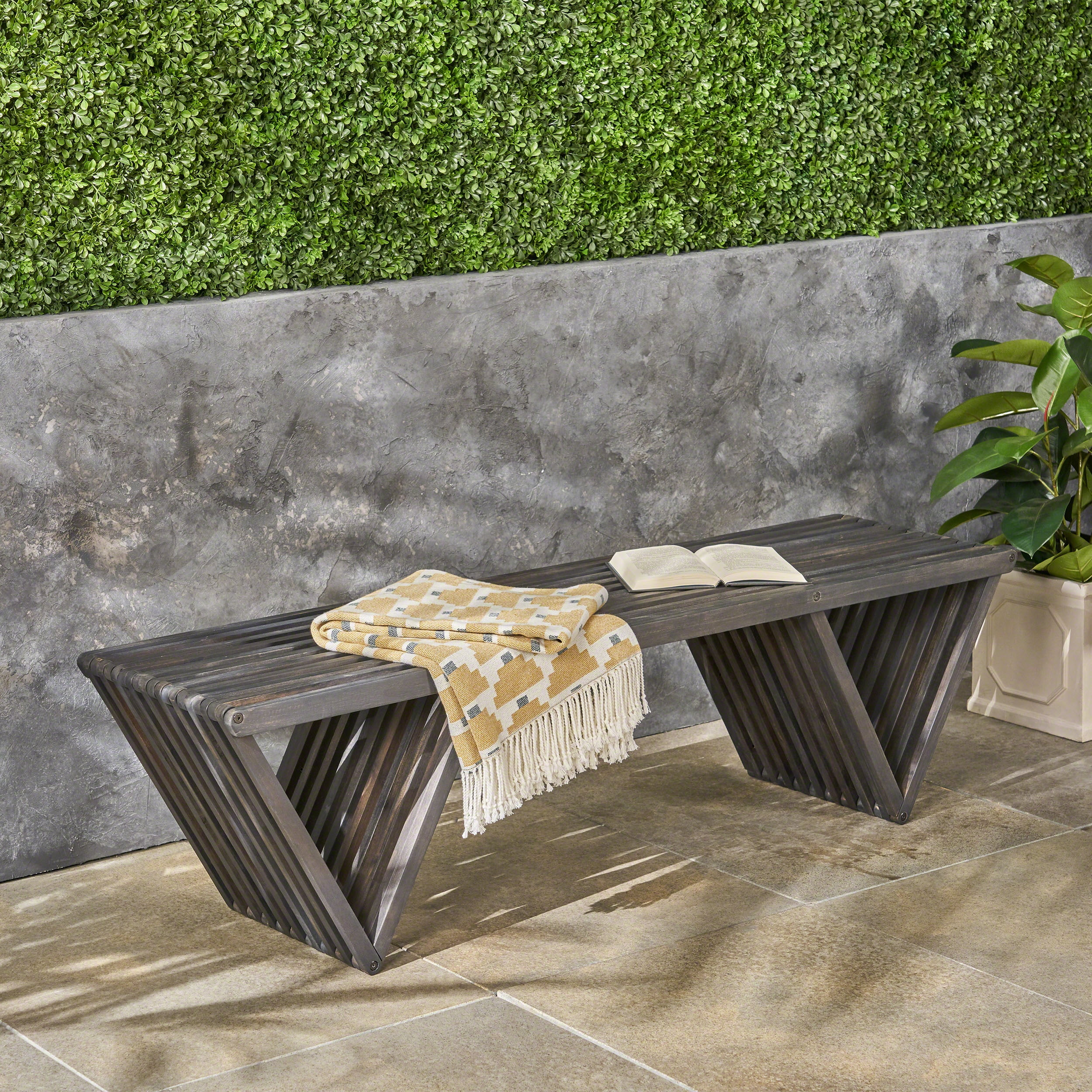 Outdoor Leisure Rest Bench, Solid Acacia Wood Outdoor Seat for Patio Garden, Dark Gray