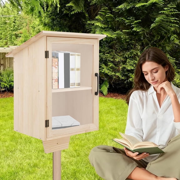 Outdoor Library Box, Literature Exchange Box Little Wood Cabinet with Shelf and Waterproof Roof for DIY, Neighborhoods Community and Schools Sharing Books, Literature and Newspapers