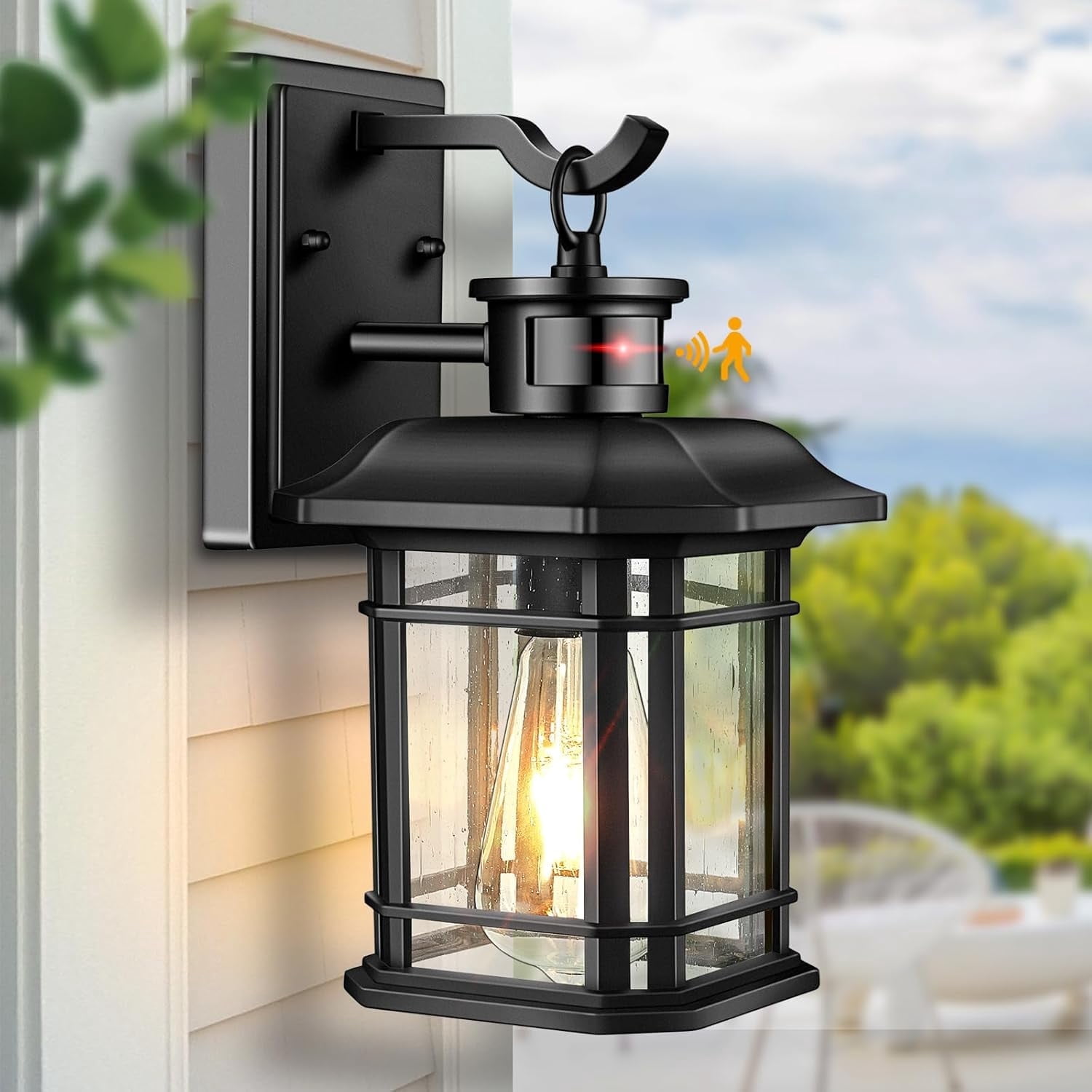 VIANIS Outdoor Wall Lantern With Motion Sensor, Dusk To Dawn Modern Exterior Porch Lights, Black 100% Aluminum Outdoor Wall Light For Garage Backyard