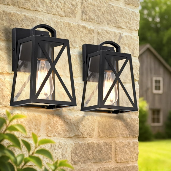 Outdoor Wall Light Set of 2, Black Farmhouse Exterior Sconce with Clear Glass, Weather-Resistant Outdoor Lantern for Porch, Entryway, Garage
