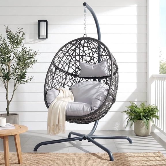 RADIATA Hanging Egg Chair with Stand, Outdoor Indoor Wicker Swing Chair, 350Lbs Nest Chair with Cushions, All-Weather Patio Hammock Seat for Porch Balcony Garden, Light Gray