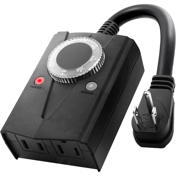 Outdoor Light Sensor Timer Waterproof, Mechanical Plug in Timer Switch, Outdoor Light Timer for Electrical Outlets, 2 Grounded Electrical Outlets for Christmas String Lights, Lighting Decor