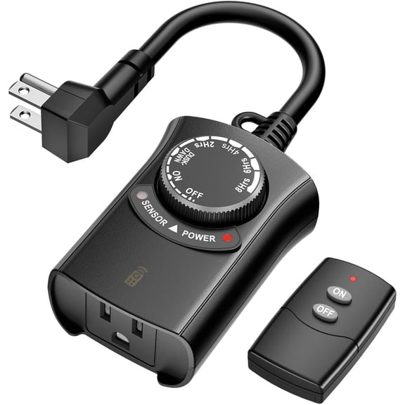 Outdoor Light Timer with Remote Control, Waterproof Light Sensor Timer, 100 ft Wireless Range, 1 Grounded Outlet for Christmas Lights, 15A 1/2HP Heavy Duty