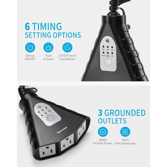 Outdoor Light Timer, Waterproof Outdoor Remote Control Outlets, Dusk to Dawn Light Sensor and Countdown Timer, 100 ft Range Remote Control with 3 Ground Outlets, ETL Listed