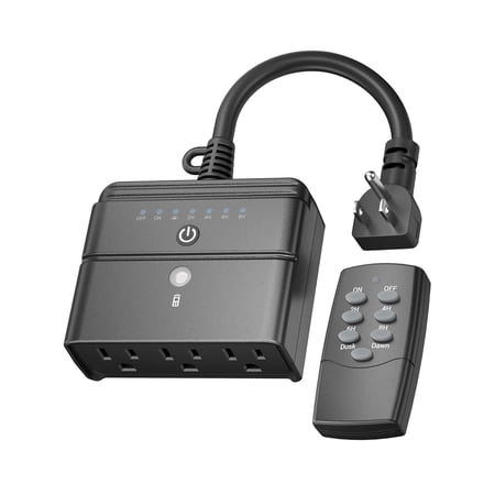Outdoor Light Timer Waterproof Plug-in Dusk-to-Dawn Controller with 3 Grounded Outlets for Christmas & Halloween String Lights 15A 1/2HP ETL Listed 100 ft RF Ran Remote Included