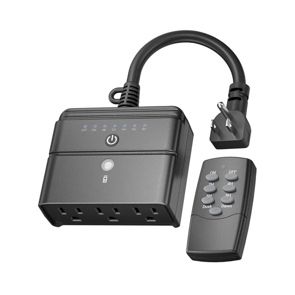 Outdoor Light Timer, Waterproof Plug-in Dusk-to-Dawn Controller with 3 Grounded Outlets for Chrtmas & Halloween String Lights, 15A 1/2, ETL Lted, 100 ft RF Ran, Remote Included
