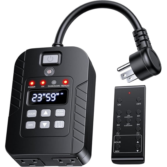 Outdoor Light Timer Waterproof, Remote Control Dusk to Dawn Sensor Timer, 100 FT Ran, Plug in, 2 Outlets Digital Timer Switch for Home and Garden, 15A/1875W
