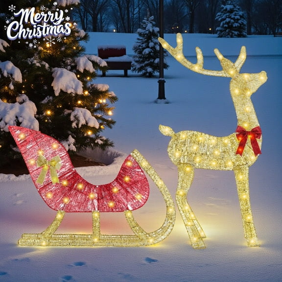 Outdoor Lighted Reindeer with Sleigh Christmas Decors, 2D Deer & Sleigh Holiday Yard Decorations with 50 Warm White LEDs, for Garden, Lawn Winter Displays, 2-Piece Set, Golden & Red