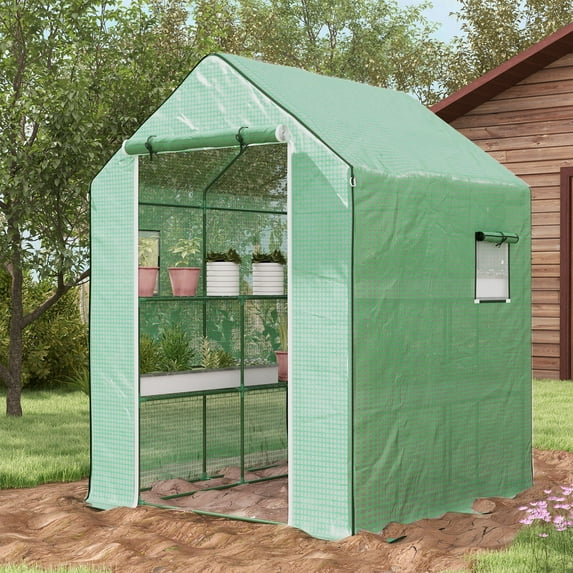 Outdoor Lighting Outsunny 4.6' x 4.7' Portable Greenhouse, Water/UV Resistant Walk-In Small Outdoor Greenhouse with 2 Tier U-Shaped Flower Rack Shelves, Roll Up Door & Windows, Green,Outdoor String L