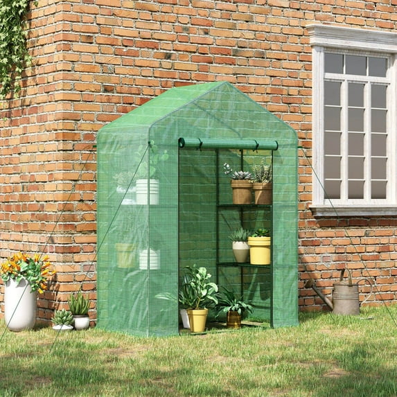 Outdoor Lighting Outsunny 5' x 2.5' x 6.5' Mini Walk-in Greenhouse Kit, Portable Green House with 3 Tier Shleves, Roll-Up Door, and Weatherized PE Cover for Backyard Garden, Green,Outdoor String Ligh