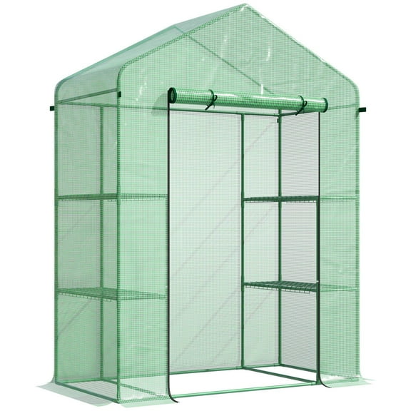 Outdoor Lighting Outsunny 5' x 2.5' x 6.5' Mini Walk-in Greenhouse Kit, Portable Green House with 3 Tier Shleves, Roll-Up Door, and Weatherized PE Cover for Backyard Garden, Green,Outdoor String Ligh