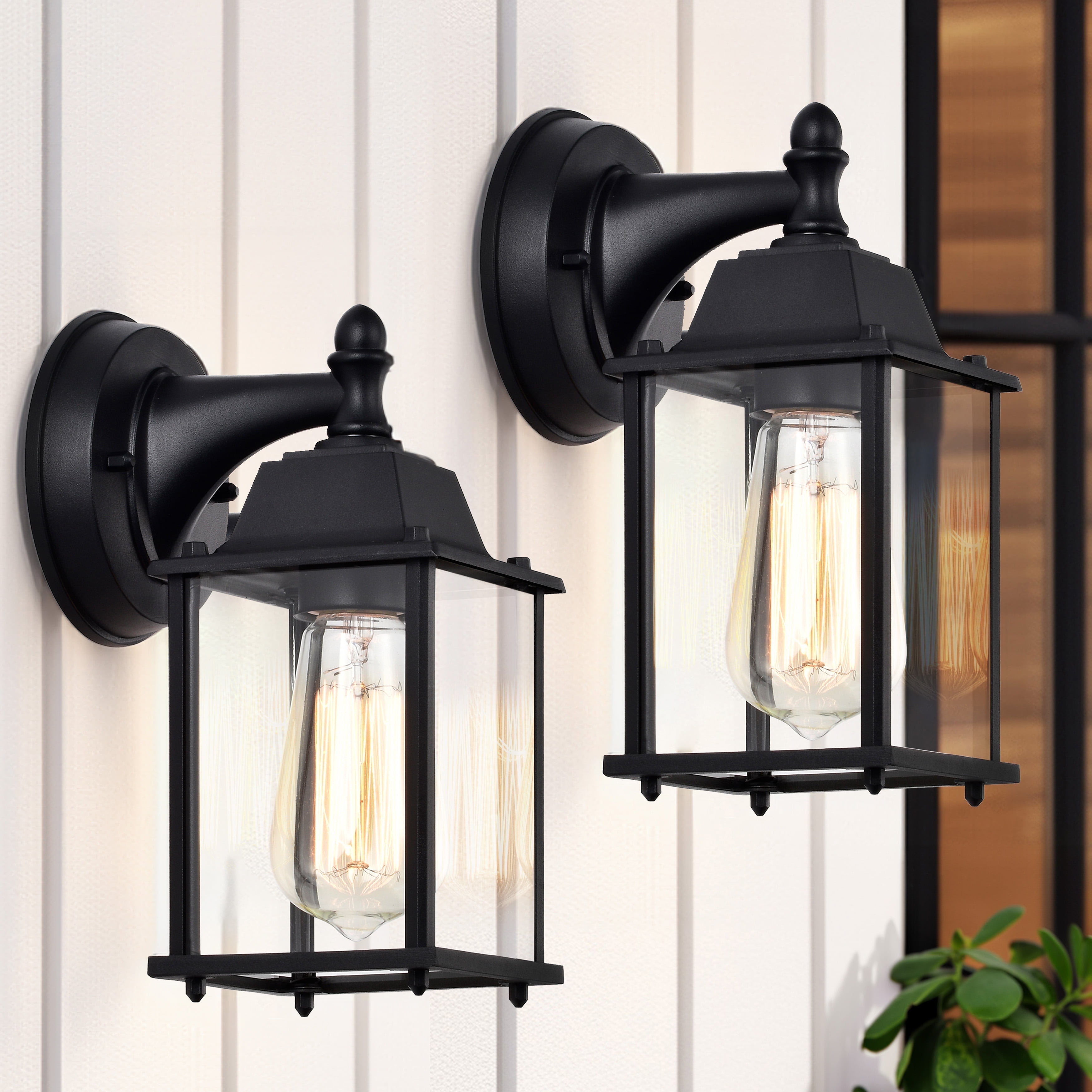 Black Aluminum and Glass Outdoor Wall Lantern Set