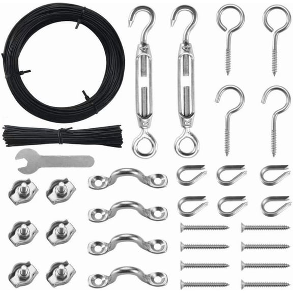 Outdoor Lights Hanging Kit,Globe String Light Suspension Kit,100FT Black Vinyl-Coated 304 Stainless Steel Guide Wire Cable,Include Wire Rope Tension Turnbuckle and Eye Hooks