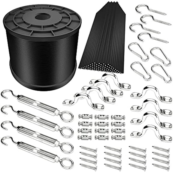 Outdoor Lights Hanging Kit,Globe String Lights Suspension Kit,164ft Black Vinyl-Coated 304 Stainless Steel Cable,String Light Guide Wire,Hook & Eye Turnbuckle Wire Rope Tension | Heavy Duty 164ft