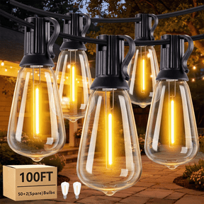 LEACUBER Outdoor String Lights, 100ft Waterproof Led Patio Lights with Shatterproof 52 Edison Bulbs(2 Spares), ST38 Hanging Lights String for Backyard Yard Porch Party