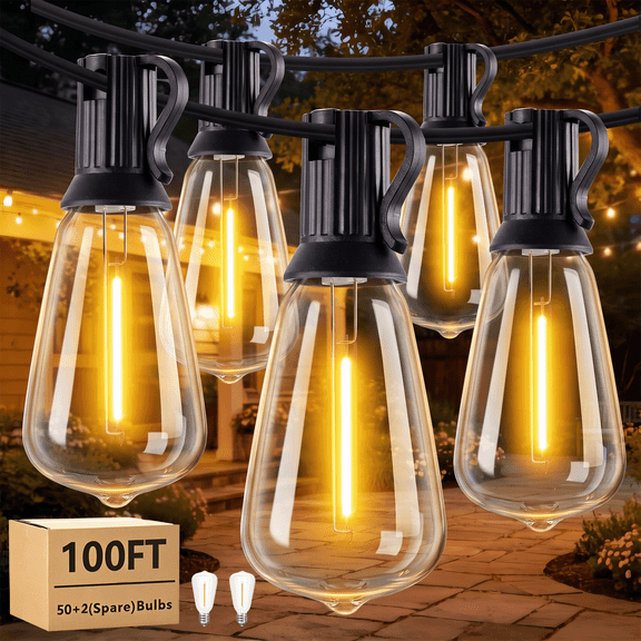 LEACUBER Outdoor String Lights, 100ft Waterproof Led Patio Lights with Shatterproof 52 Edison Bulbs(2 Spares), ST38 Hanging Lights String for Backyard Yard Porch Party