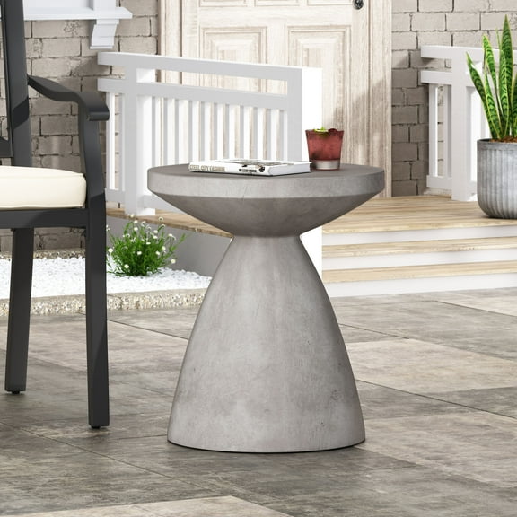 Outdoor Lightweight Concrete Side Table, 18" Square Modern End Table with Hourglass Pedestal - Natural Finish Patio Accent Table