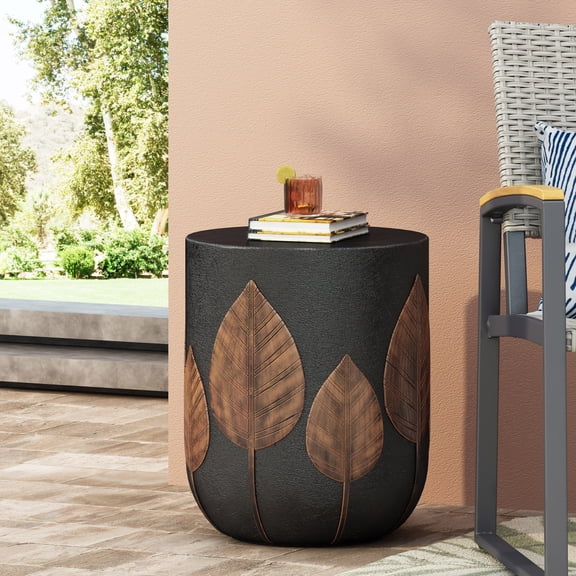 Outdoor Lightweight Concrete Side Table, Bohemian Round Accent Table with Leaf Pattern, Copper Finish Patio End Table for Garden, Poolside, Balcony