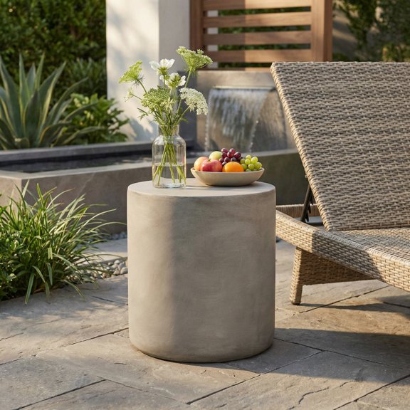 Outdoor Lightweight Concrete Side Table MGO End Table Cylindrical Modern Patio Accent Table