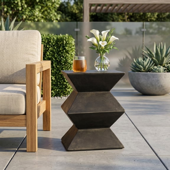 Outdoor Lightweight Concrete Side Table, Modern MGO End Table with Geometric Pedestal Design, for Patio, Garden, Balcony, Living Room, Copper