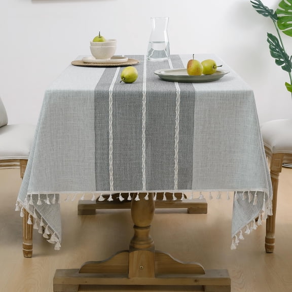 Outdoor Linen Tablecloth Square Waterproofton Boho Farmhouse Table Cloths With Tassel Heavy Weight Wrinkle Free Cover For Picnic Camping Dining - 55 X 55 Inch Grey Lines