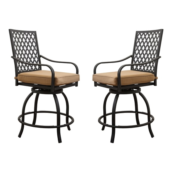 Outdoor Living Swivels Bar Stools Khaki - Comfortable & 360 Degrees Spin For Garden Deck Backyard Balcony Bistro Swivel Chairs Rotation Metal Supportive Seat Cushion