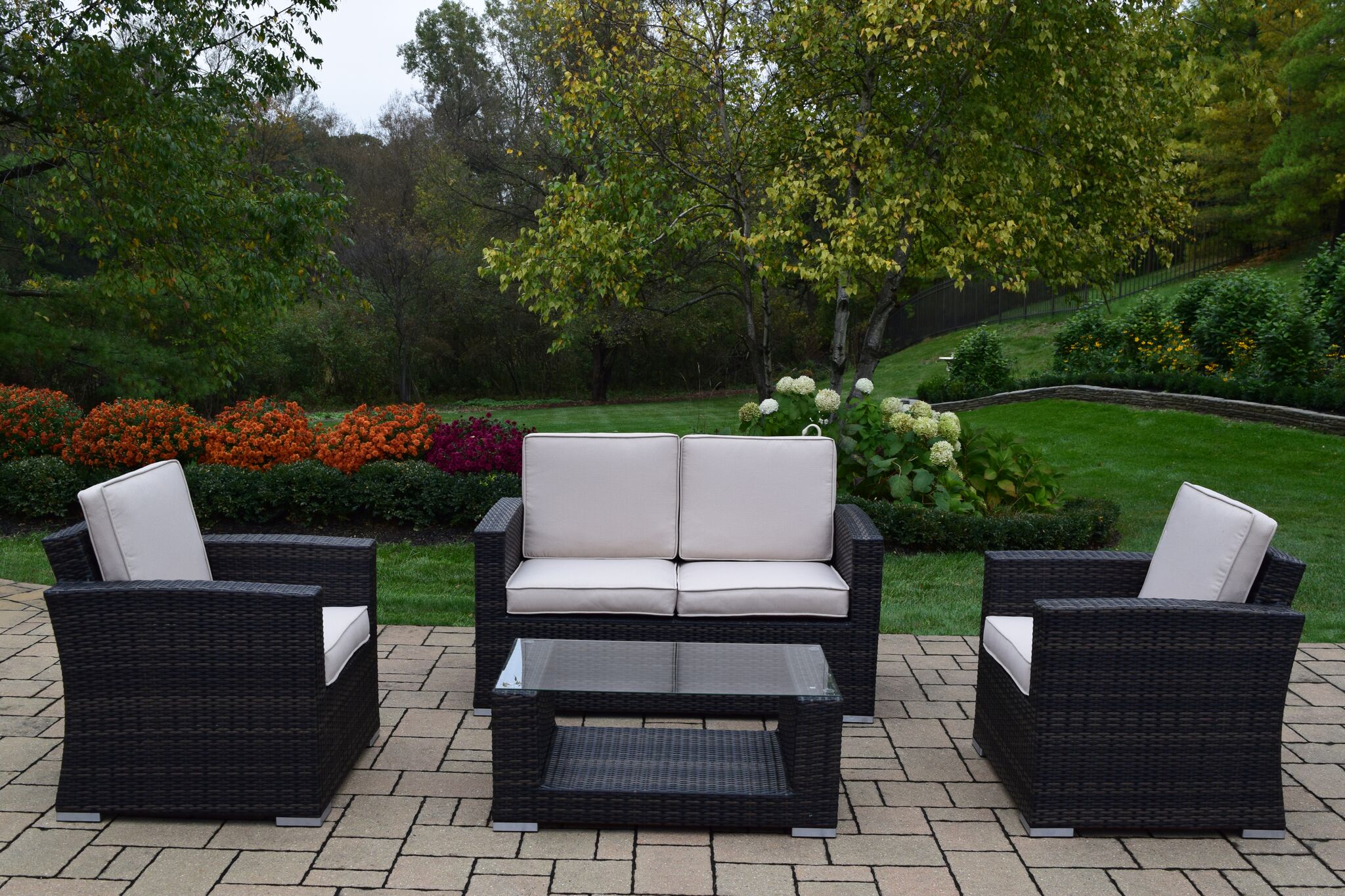 Outdoor Living and Style 4-Piece Black Resin Wicker Chat Set - Gray Cushions - image 1 of 3