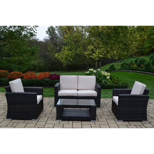 Outdoor Living and Style 4-Piece Black Resin Wicker Chat Set - Gray Cushions