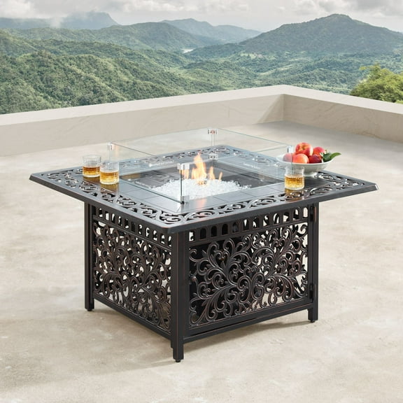 Outdoor Living and Style 42" Black and Brown Square Propane Outdoor Fire Table with Wind Blockers