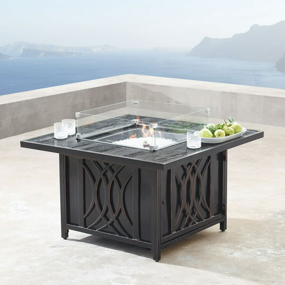 Outdoor Living and Style 42" Charcoal Black Square Propane Outdoor Fire Table with Wind Blockers