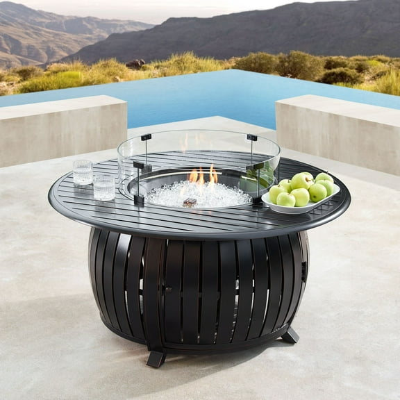 Outdoor Living and Style 44" Black Round Propane Outdoor Fire Table with Wind Blockers